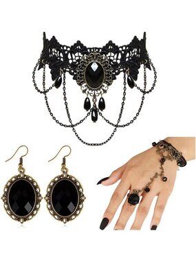 Women's Black Gothic Choker Witch Necklace Halloween Hand Chain Ring Bracelet